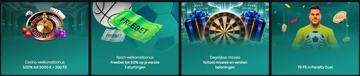 Promoties van Win.Bet Casino met een welkomstbonus van 500% tot €5.000 en 200 gratis spins, sportbonus tot 60%, dagelijkse missies en 70 gratis spins bij Penalty Duel